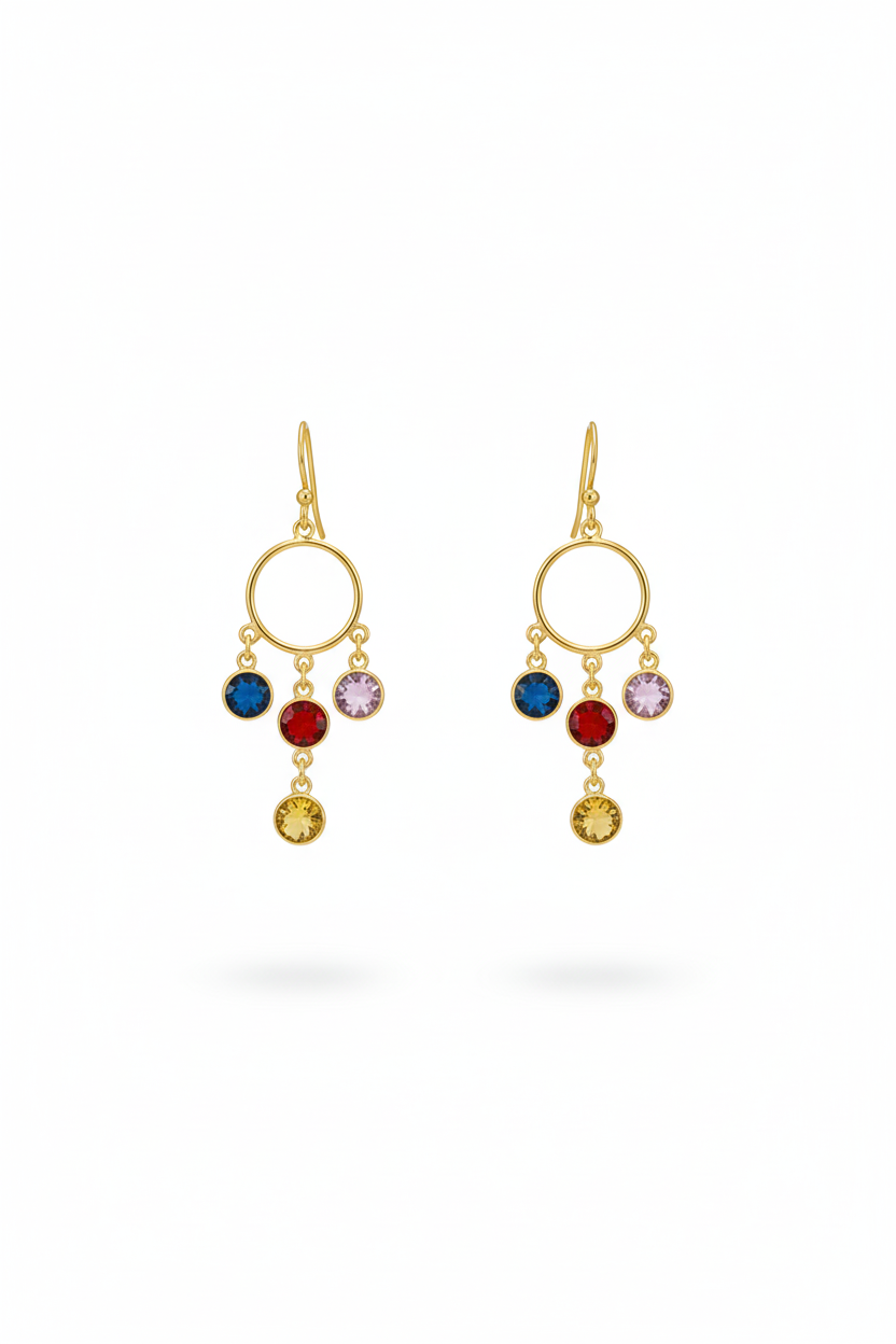 Circle Charm Dangle Earrings – Multicolor Natural Stones | Gold‑Plated Brass
