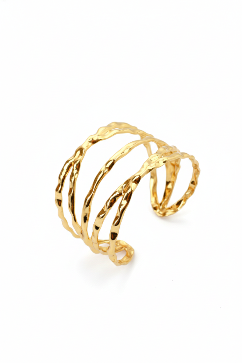 Anti-Tarnish Gold Hammered Multi-Band Cuff Bracelet – Sculptural Stainless Steel