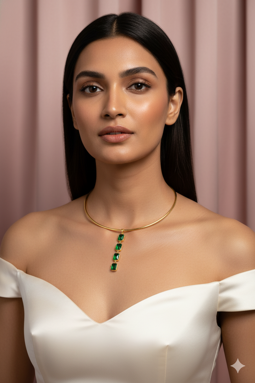 Hansuli Necklace with Triple Green Rectangle Pendant | Brass Anti Tarnish | Lightweight