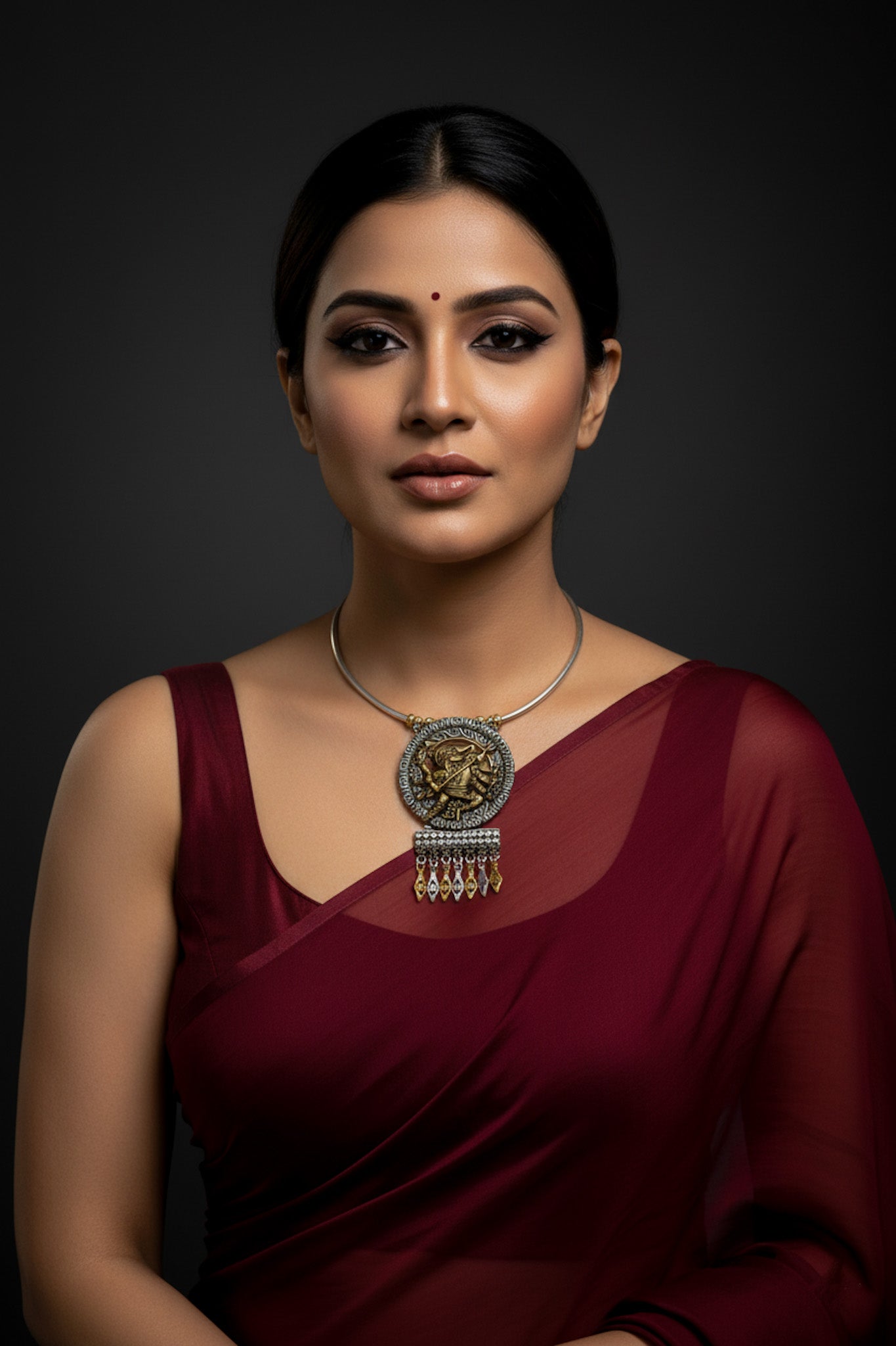 Dual Tone German Silver Hasli/Hansli Necklace – Dancing figure pendant with danglers Oxidised Hansuli Choker for Women