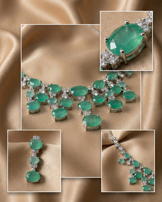 Mint Green Oval Drop Necklace Set with Crystal Detailing | Elegant Party Jewellery