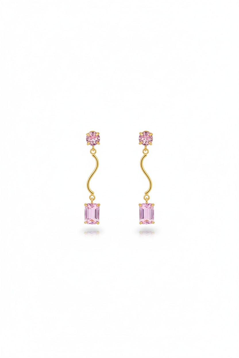 Wavy Bar Drop Earrings with Rose Emerald‑Cut Stone | Natural Stone, Gold‑Plated Brass