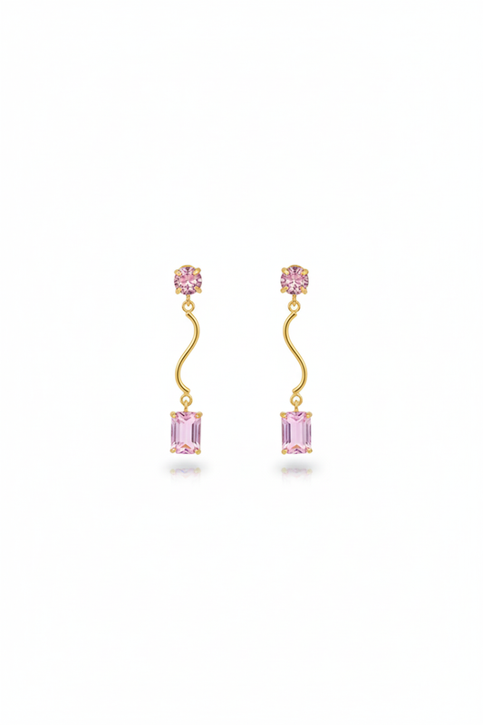 Wavy Bar Drop Earrings with Rose Emerald‑Cut Stone | Natural Stone, Gold‑Plated Brass
