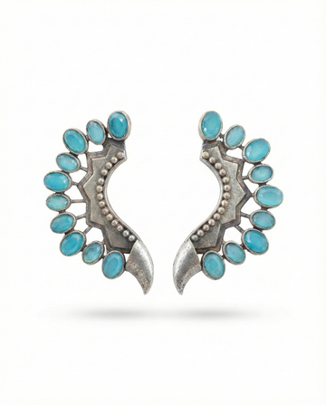 Turquoise Monalisa Stone Crescent Oxidised German Silver Earrings | Ethnic Statement Jewellery
