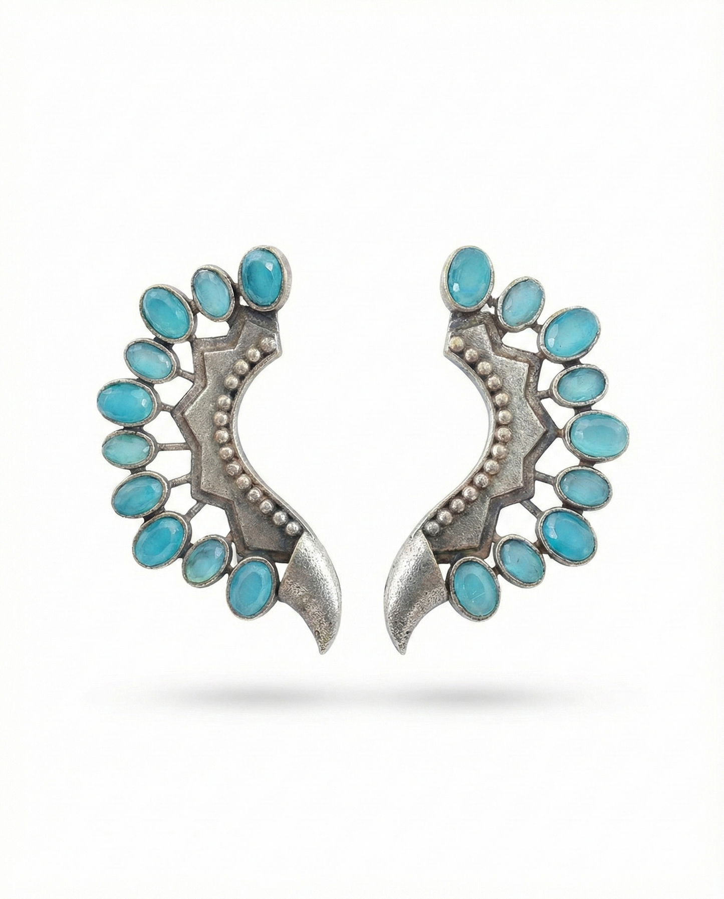 Turquoise Monalisa Stone Crescent Oxidised German Silver Earrings | Ethnic Statement Jewellery