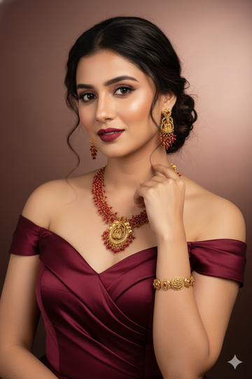 Ruby Bead Temple Necklace with Lakshmi Pendant