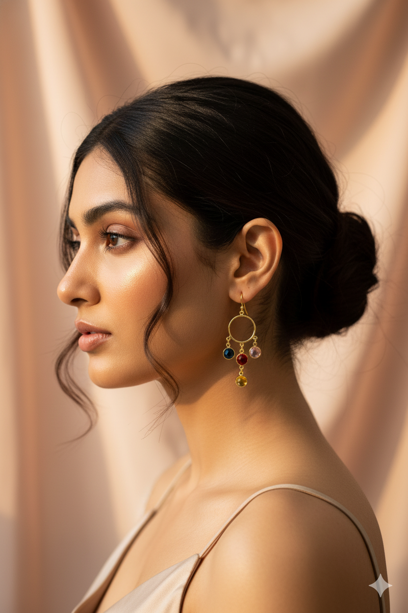 Circle Charm Dangle Earrings – Multicolor Natural Stones | Gold‑Plated Brass