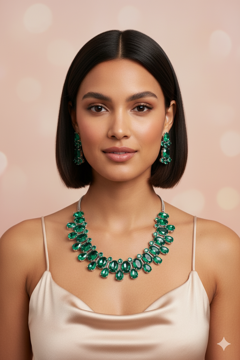 Emerald Green Korean Glass Stone Jewelry Necklace Set | Rhodium Plated Wedding & Party Jewelry with Earrings