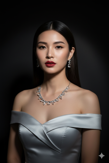 Korean Silver Glass Stone Jewelry Necklace Set | Rhodium Plated Crystal Jewelry with Earrings