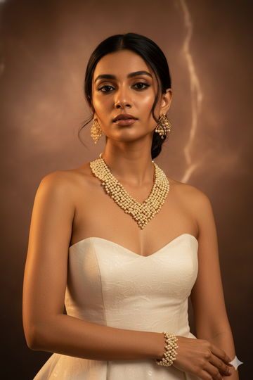 Classic Pearl Cluster Necklace Set with Jhumka Earrings