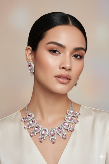 Korean Pink Oval Glass Stone Glass & AD Stone Necklace Set | Rhodium Plated Bridal & Party Jewelry with Earrings