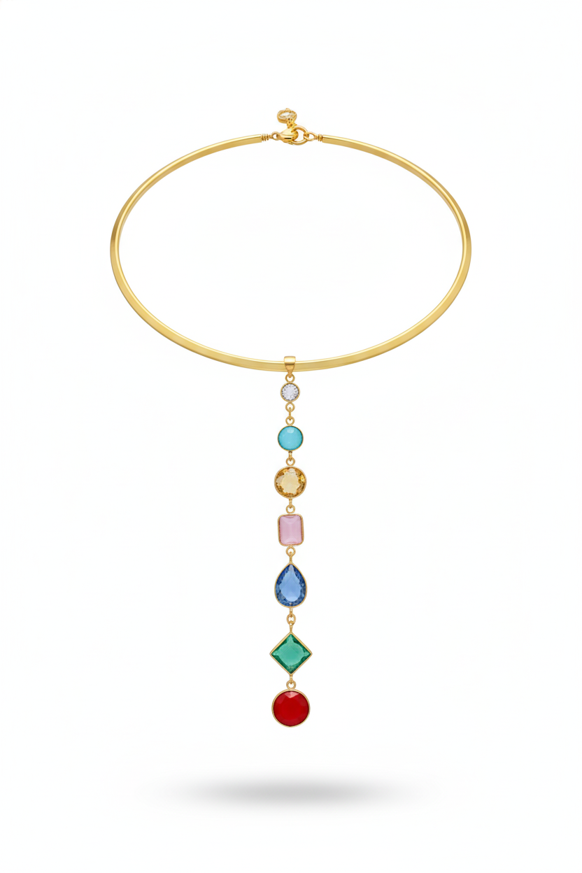 Hansuli Necklace with Multicolor Pendant | Brass Anti Tarnish | Lightweight