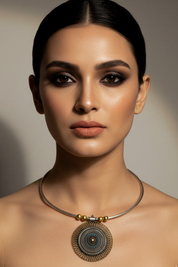 Dual Tone German Silver Hasli/Hansli Necklace – Antique mandala filigree pendant Oxidised Hansuli Choker for Women