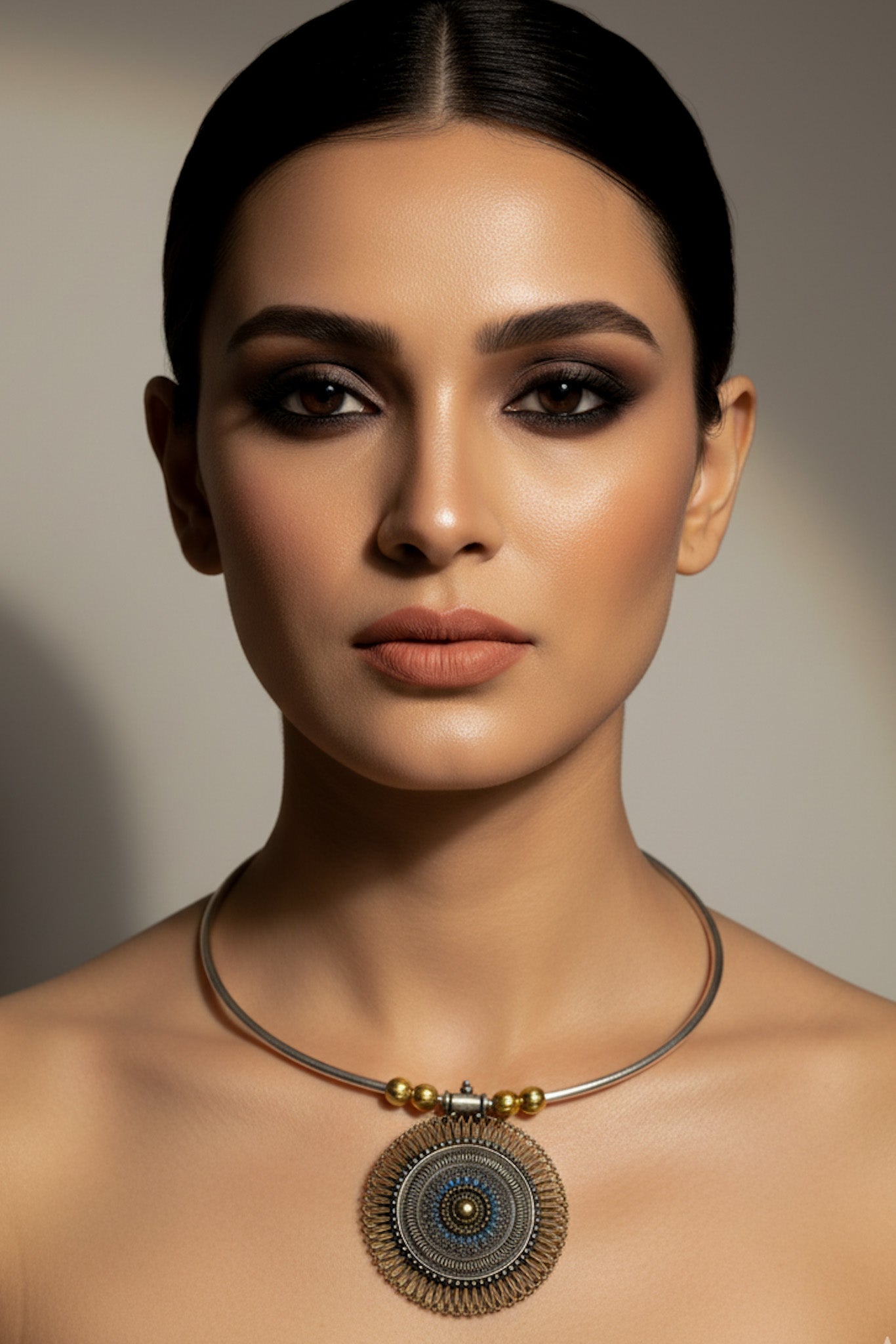 Dual Tone German Silver Hasli/Hansli Necklace – Antique mandala filigree pendant Oxidised Hansuli Choker for Women