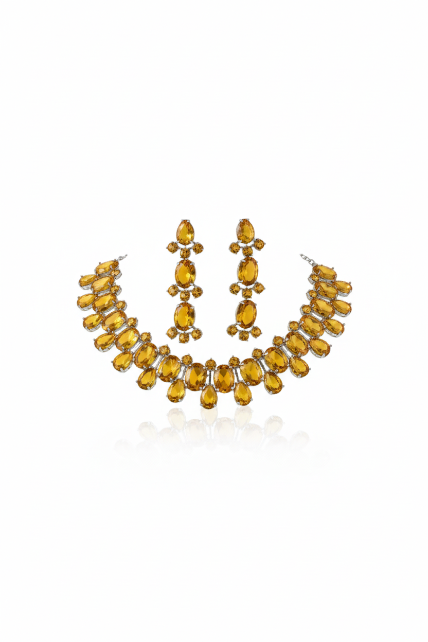 Korean Yellow Glass Stone Jewelry Jewelry Set | Rhodium Plated Necklace & Earrings