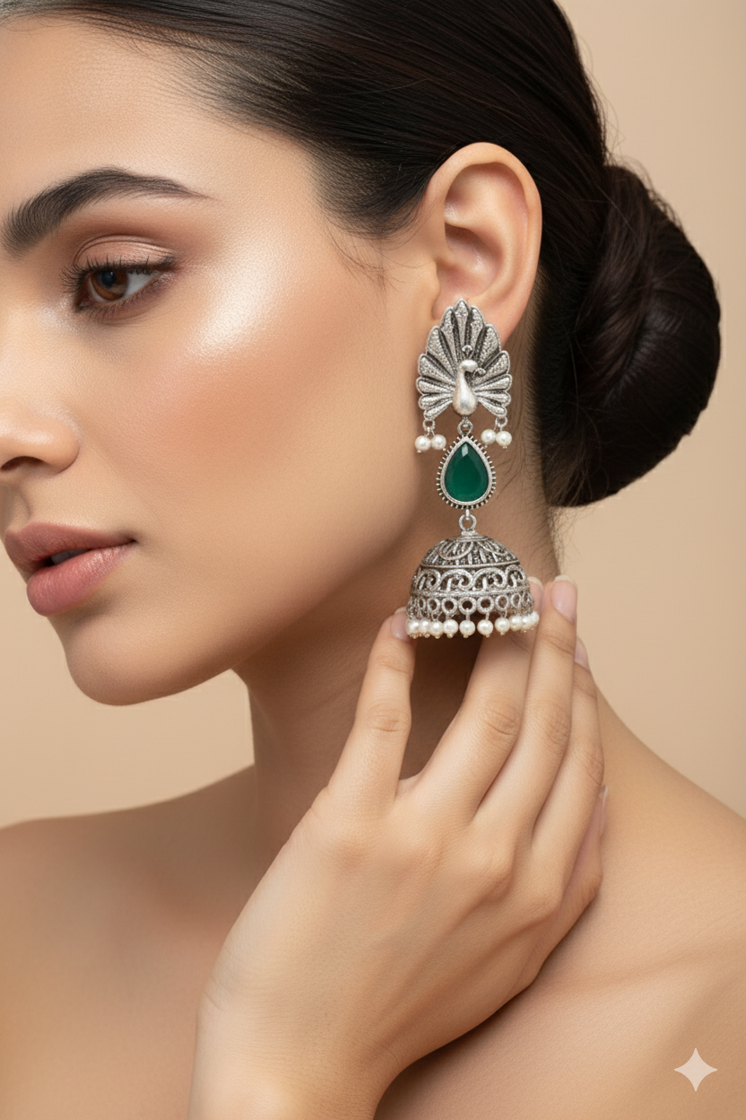 Peacock Top Jhumka with Green Monalisa Teardrop | Oxidised German Silver
