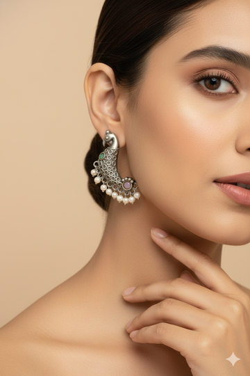 Peacock Hoop Oxidised German Silver Earrings with Multicolour Monalisa Accents & Pearls