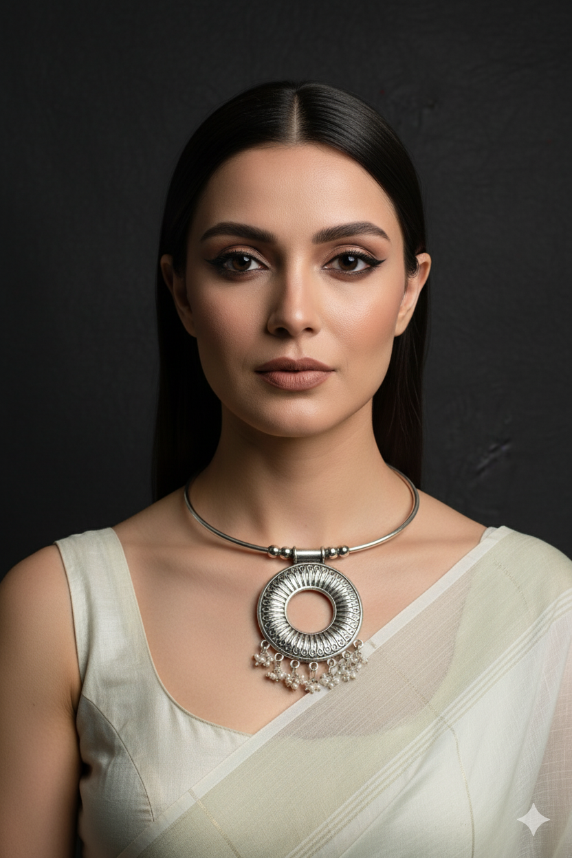 Oxidised German Silver Hansli Necklace with Hollow Circle Pendant