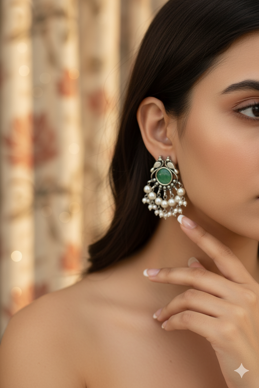 Green Monalisa Round Studs with Pearl Cluster | Oxidised German Silver