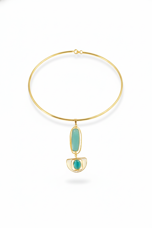Hansuli Necklace with Art‑Deco Aqua Pendant | Brass Anti Tarnish | Lightweight