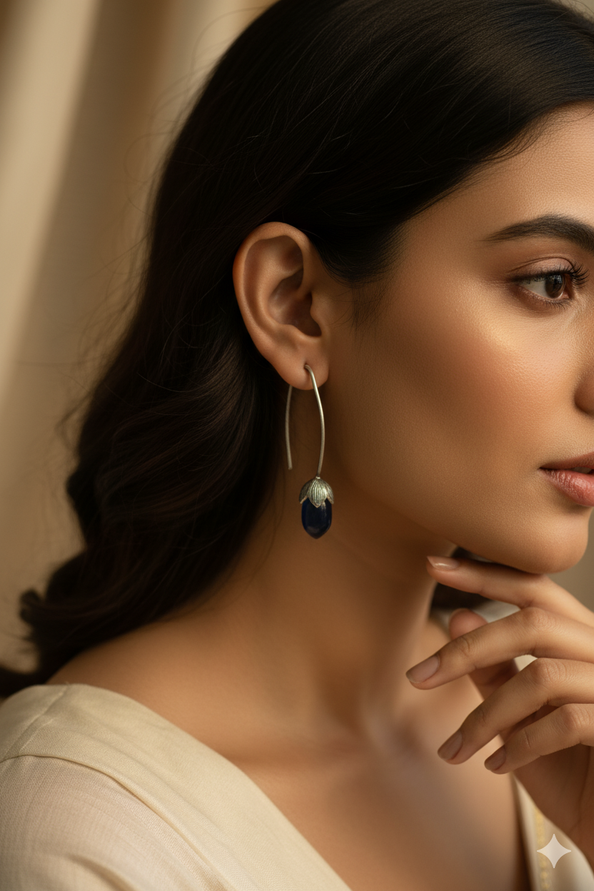 Blue Glass Drop Oxidised German Silver Earrings – Minimal Elegant Design