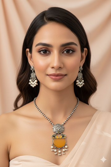 Yellow Monalisa Floral Panel Pendant Set with Pearls | Oxidised German Silver