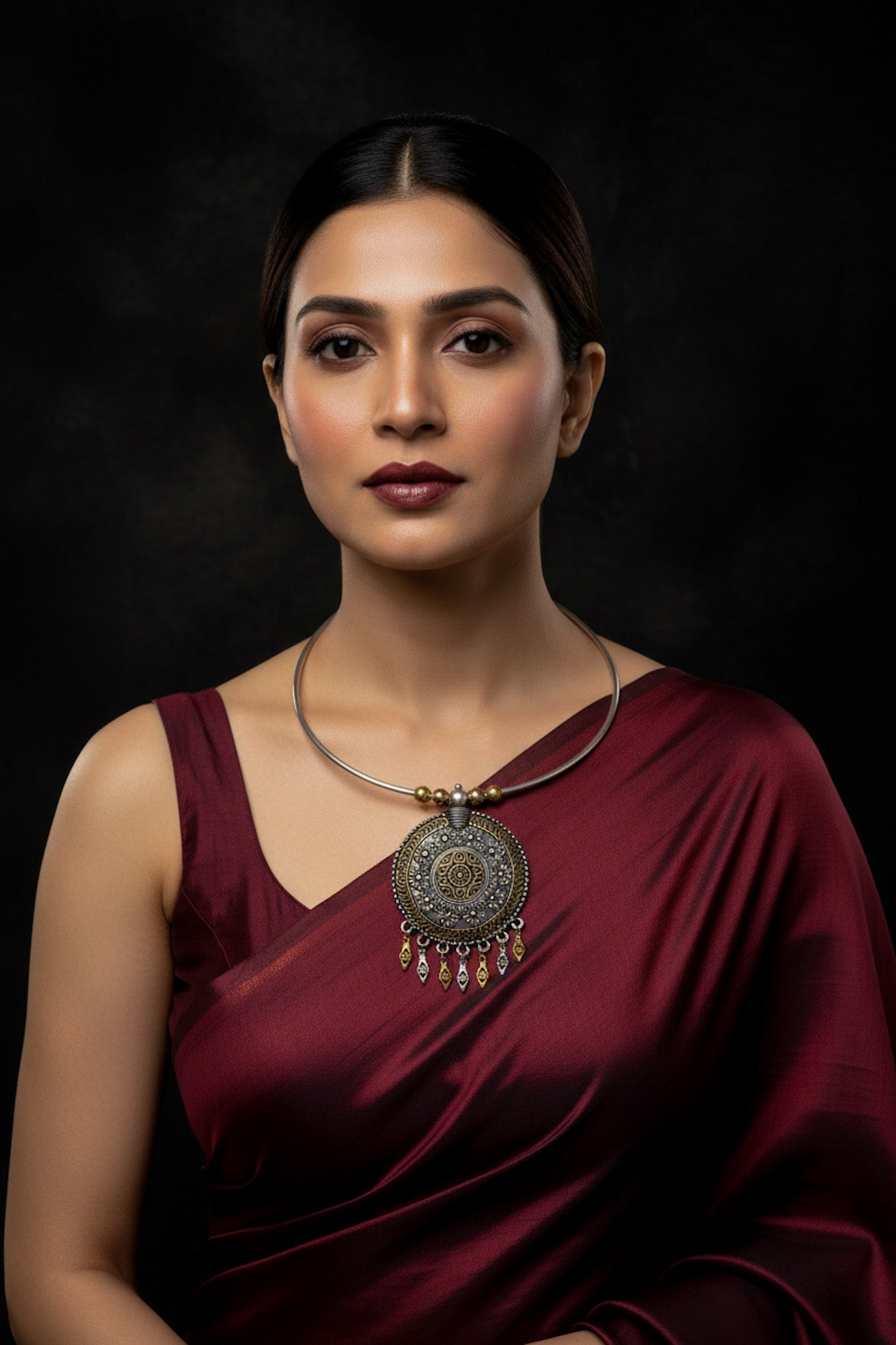 Dual Tone German Silver Hasli/Hansli Necklace – Floral mandala pendant with danglers Oxidised Hansuli Choker for Women