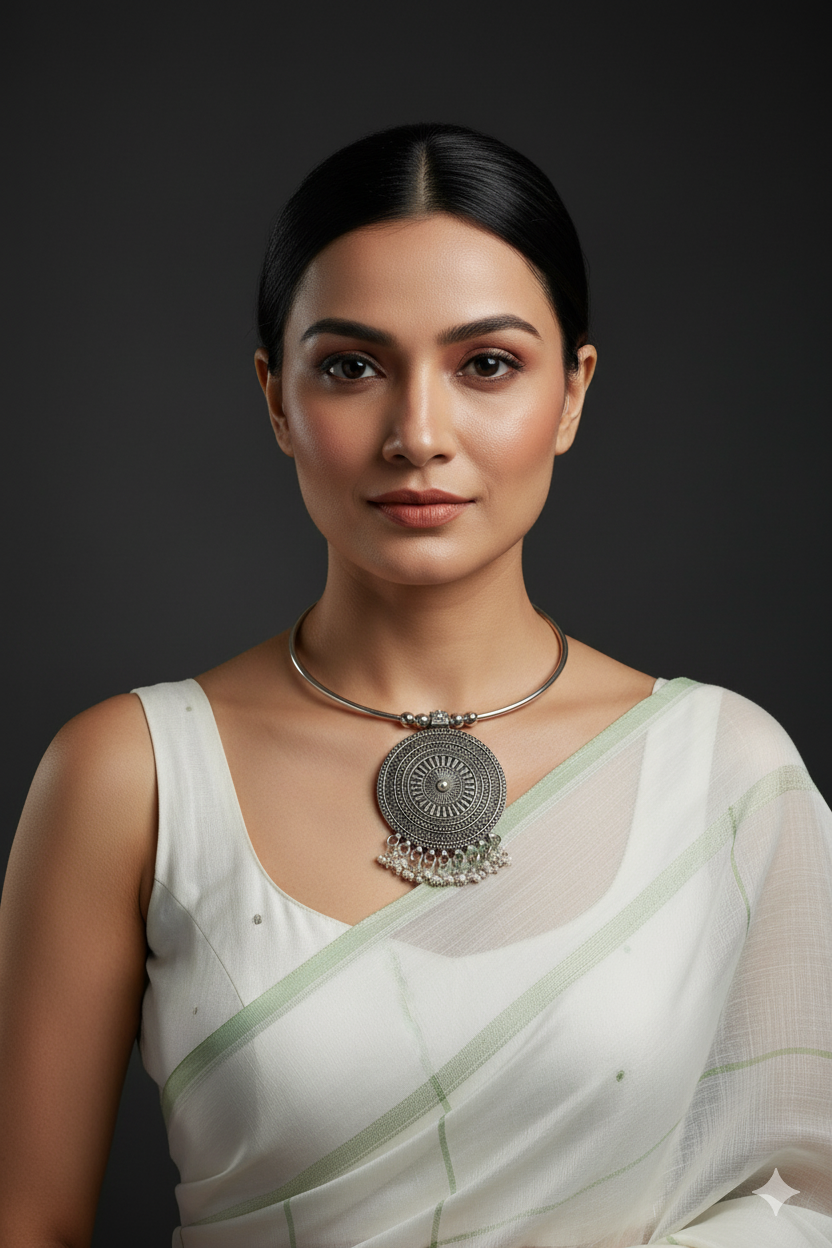 Oxidised German Silver Hansli Necklace with Round Mandala Pendant