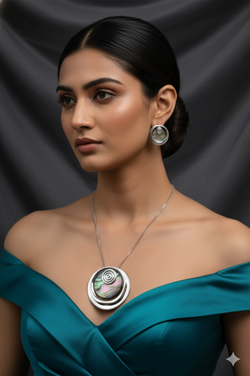 Spiral Abalone Pendant Set - Silver Finish Statement Necklace & Earrings | Anti Tarnish