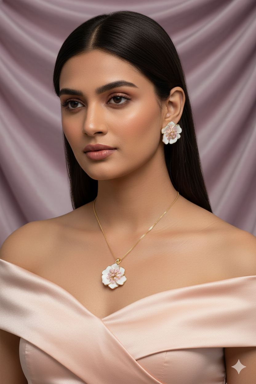 Petal Flower Pendant Set - White & Pink Enamel Luxury Necklace & Earrings | Anti Tarnish