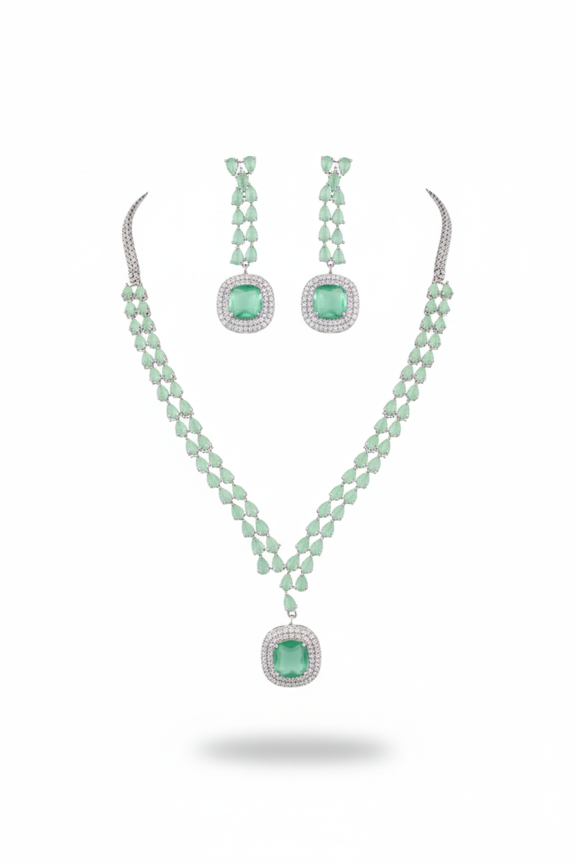 Korean Glass Stone Jewelry Necklace Set Green | Rhodium Plated Jewelry with Earrings