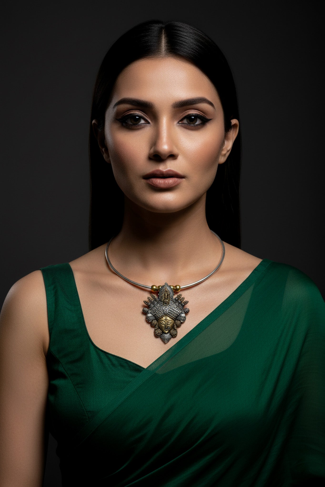 Dual Tone German Silver Hasli/Hansli Necklace – Durga motif pendant Oxidised Hansuli Choker for Women