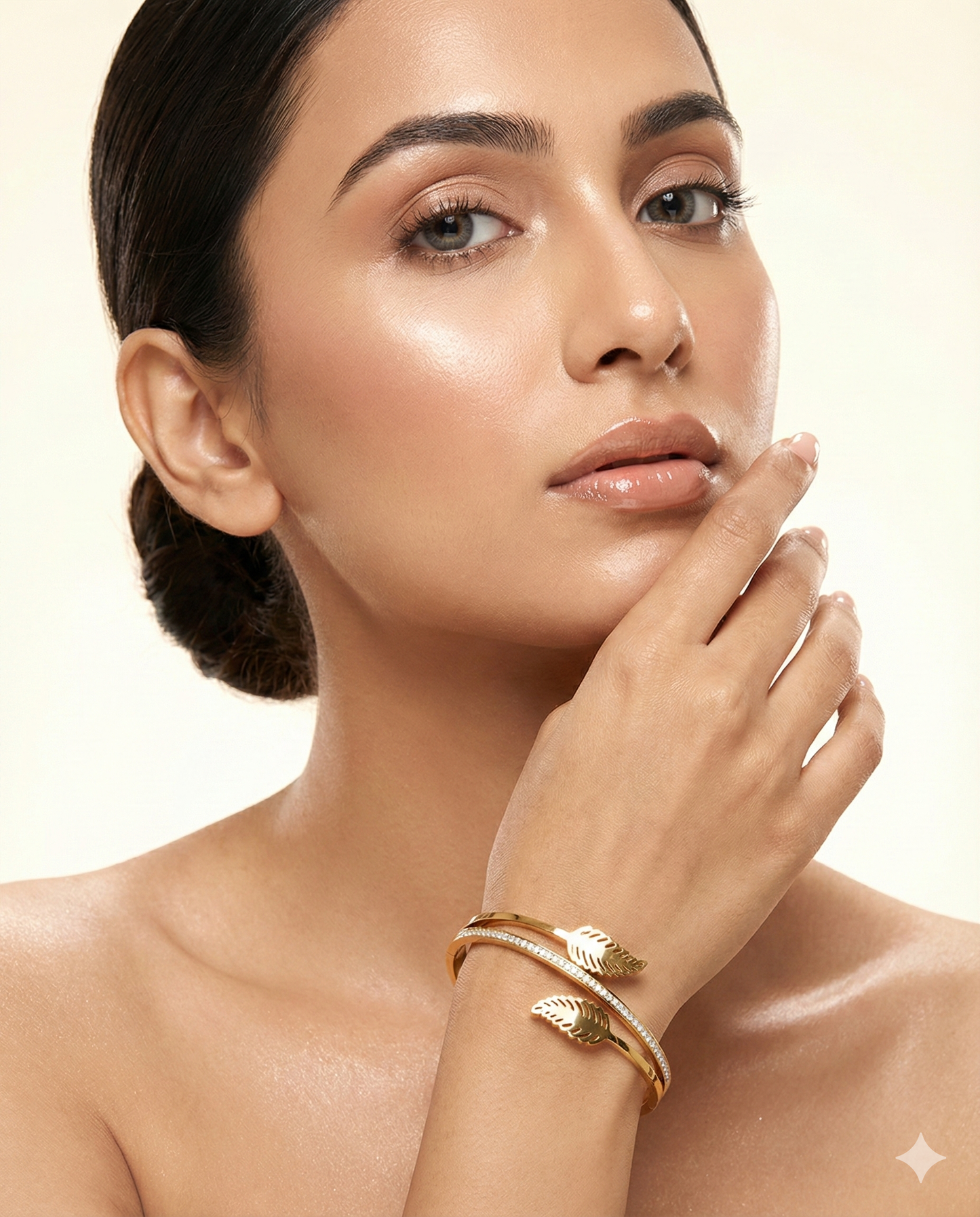 Anti-Tarnish Gold Leaf Dual-Band Cuff Bracelet – Stainless Steel with CZ Detailing