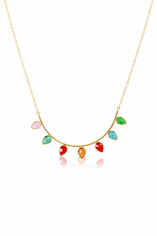 Leaf Design Multicolor Necklace | Natural Stones, Gold-Plated Brass