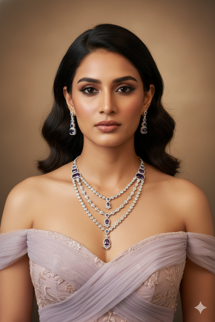 Triple Layer Sapphire Glamour Necklace Set