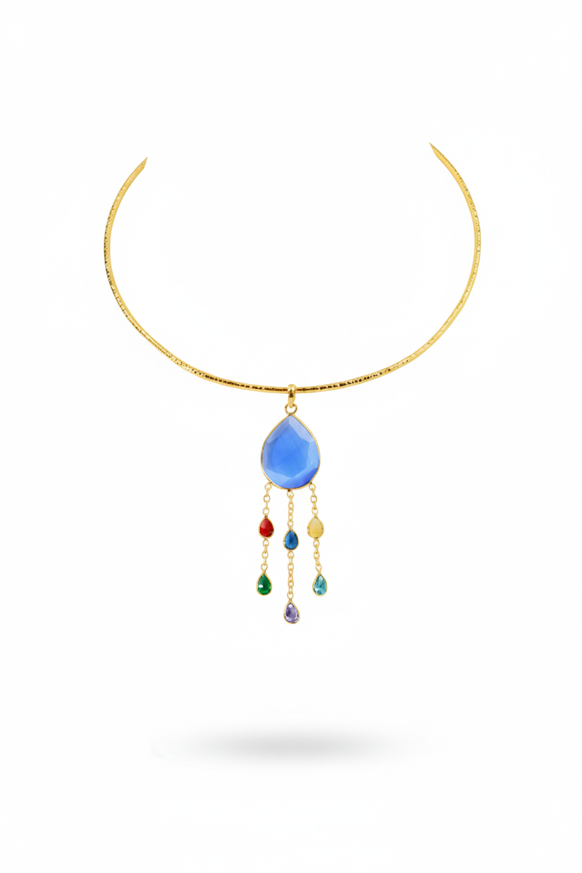 Hansuli Necklace with Blue Pendant & Raindrop Dangles | Brass Anti Tarnish | Lightweight