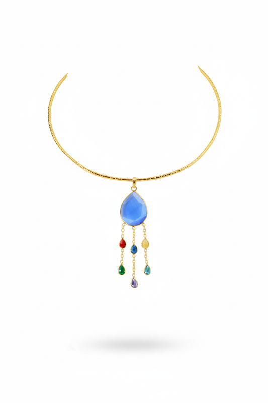 Hansuli Necklace with Blue Pendant & Raindrop Dangles | Brass Anti Tarnish | Lightweight