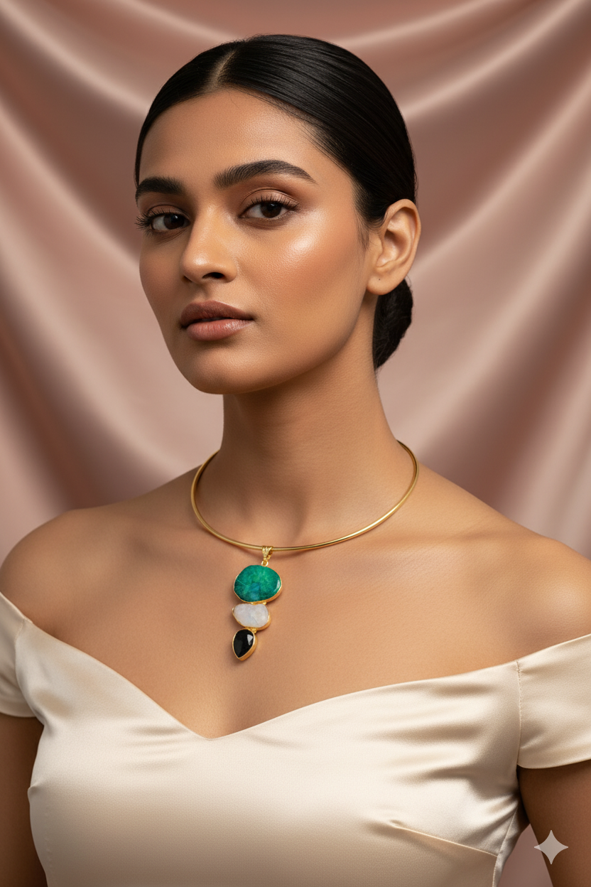 Hansuli Necklace with Triple Stone Pendant – Green White Black | Brass Anti Tarnish | Lightweight