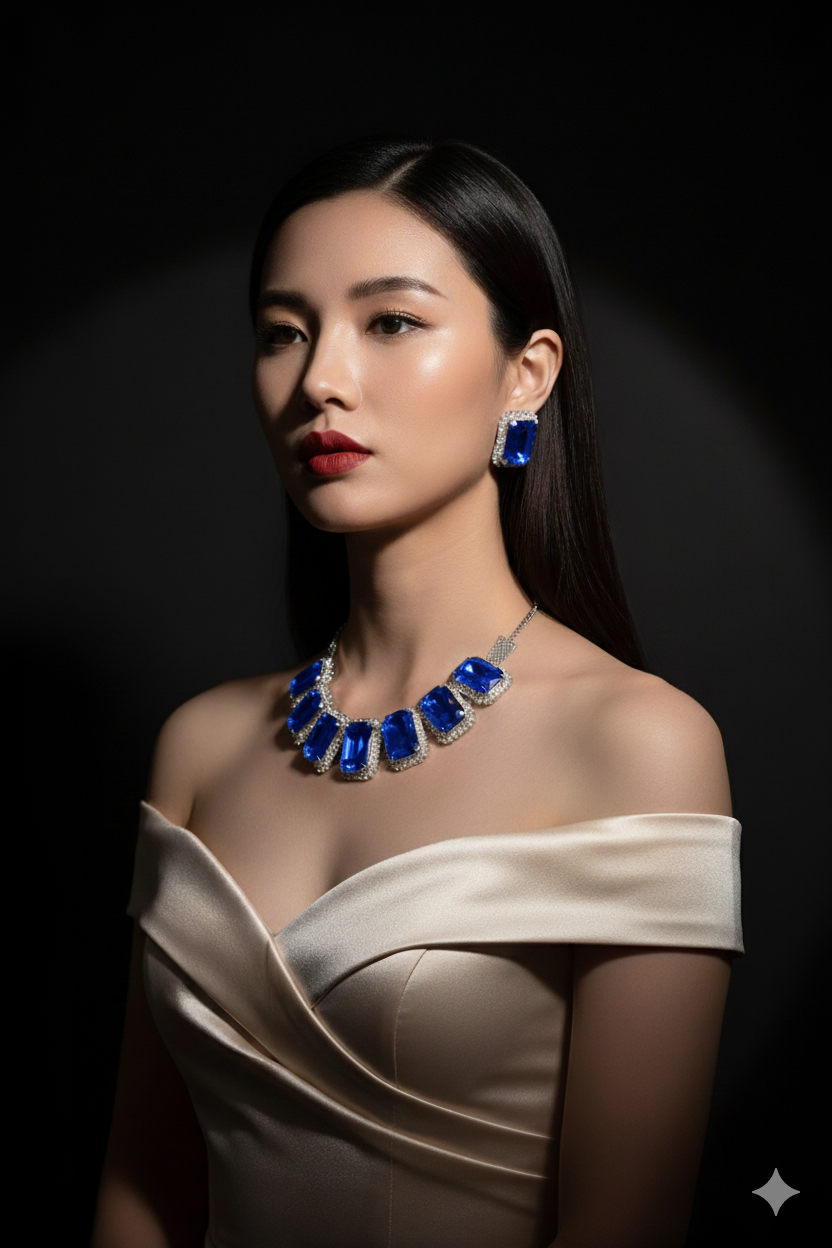 Korean Blue Rectangular Glass Stone Glass AD Stone Necklace Set Rhodium  Plated Statement Bridal Jewelry with Earrings