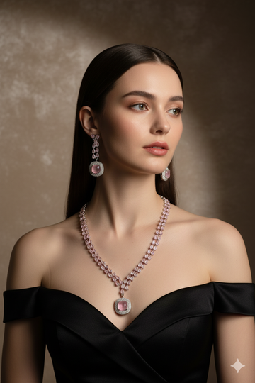 Korean Pink Glass Stone Jewelry Necklace Set | Rhodium Plated Party Wear Jewelry with Earrings