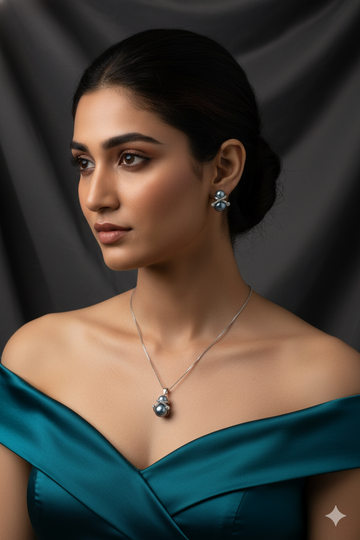 Dual Pearl Pendant Set - Silver Plated Blue Pearl Necklace & Earrings | Long Lasting Anti Tarnish