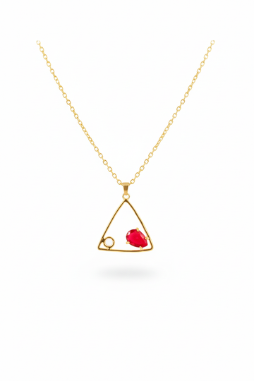 Geometric Triangle Pendant with Red Stone | Natural Stone Chain Pendant, Gold-Plated Brass