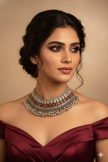 Red Stone Choker with Antique Floral Design for Women