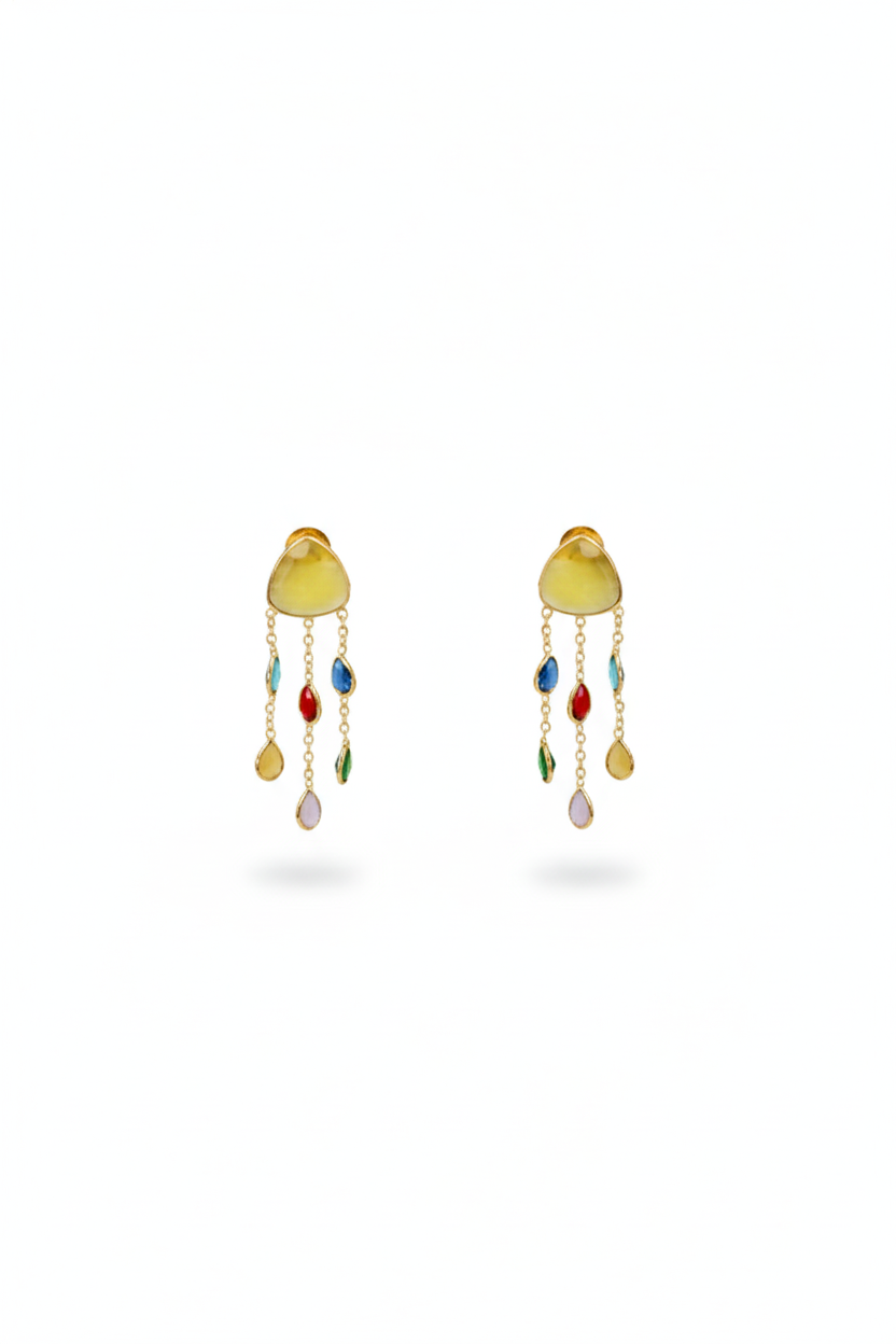 Natural Stone Multicolor Chandelier Earrings in Gold‑Plated Brass | Anti‑Tarnish, Lightweight