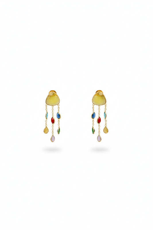Natural Stone Multicolor Chandelier Earrings in Gold‑Plated Brass | Anti‑Tarnish, Lightweight