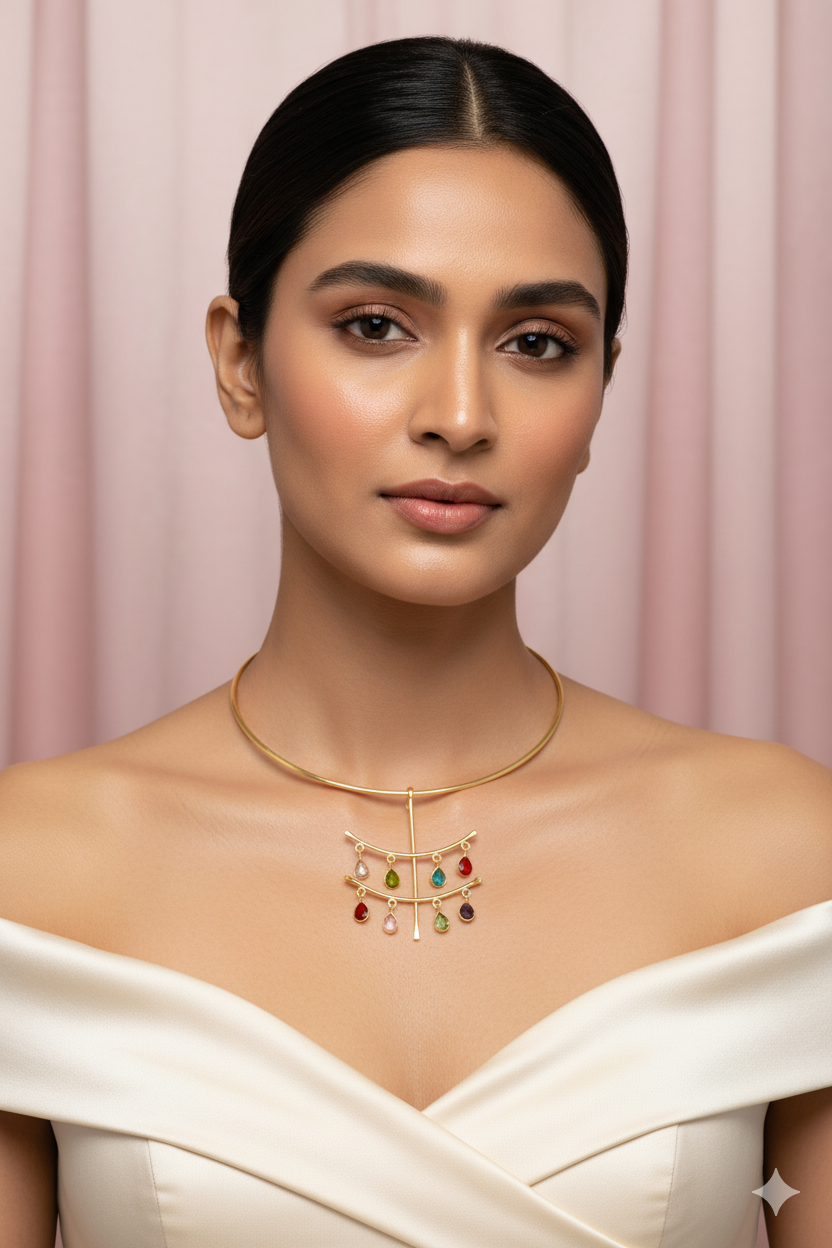 Hansuli Necklace with Cascade Teardrop Charms – Multicolor Stones | Brass Anti Tarnish | Lightweight