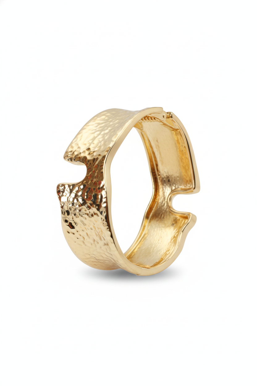 Anti-Tarnish Gold Hammered Sculptural Cuff Bracelet – Bold Textured Design