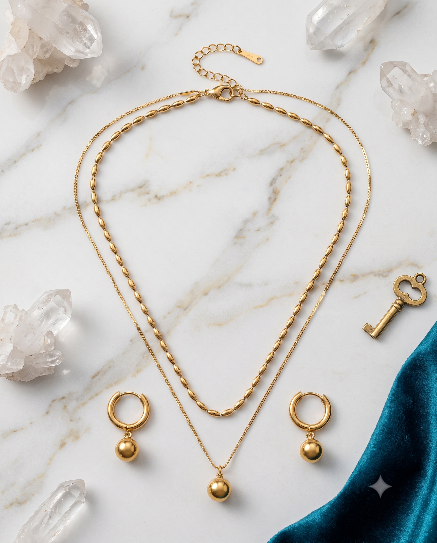 Asymmetrical round box chain necklace and matching earrings set, gold tone – full length view