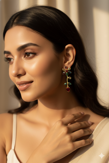 Multicolor Floral Ear Climber Threader Earrings | Natural Stones, Gold‑Plated Brass