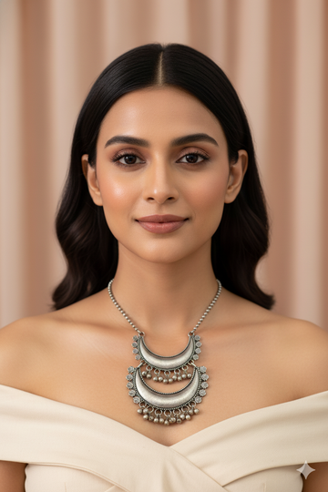 Tribal Double Crescent Pendant | Oxidised German Silver Necklace